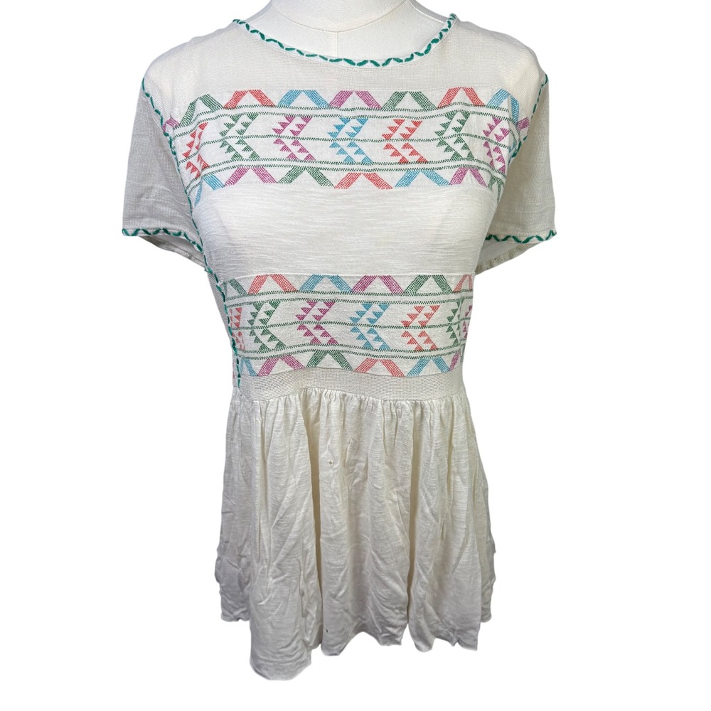 Free People Embroidered Babydoll Top Ivory Multi Geometric Boho‎ Peplum Sz M